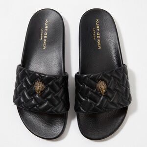Kurt Geiger Black Quilted Slide Sandals with Gold Bee Emblem